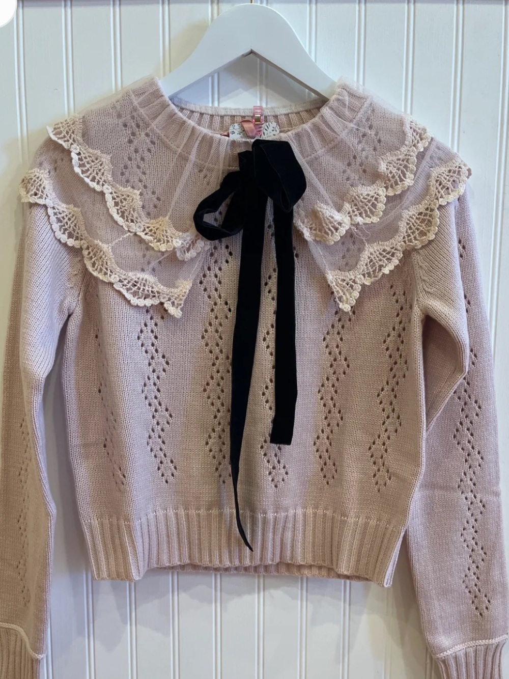 Heyson Peter Pan Lace Collar Knit Sweater with Velvet Bow Light Pink NWT Large